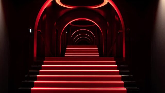 Red staircase with arched tunnel and glowing red lights.