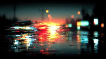 Night scene depicting blurred city lights reflecting on a wet road, creating a colorful abstract