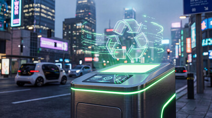 High-tech trash can with a glowing green recycling hologram symbol. Smart city concept with electric cars and skyscrapers in the night background.