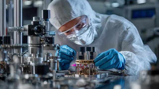 Scientist inspecting quantum hardware components under controlled conditions to support the maintenance of nextgeneration computing systems.