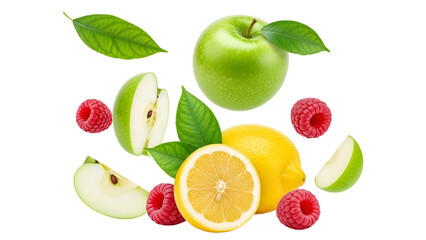 Naklejka premium Vibrant Mix of Fresh Green Apples, Zesty Lemons, and Sweet Raspberries with Leaves, Isolated on Transparent Background