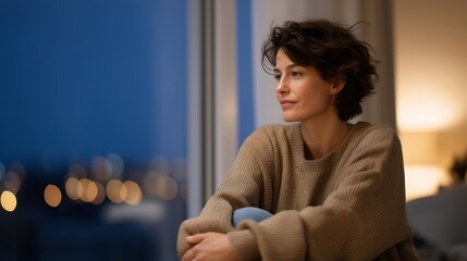 Solitary evening with person sitting alone by window, city lights outside, quiet reflection, calm mood, soft interior light, peaceful atmosphere, slow living, mindfulness and emotional solitude