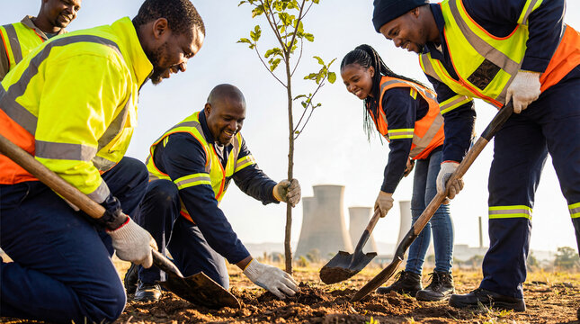 Team of engineers in safety vests planting a sapling with cooling towers in the background. Ecology restoration and Corporate Social Responsibility concept.