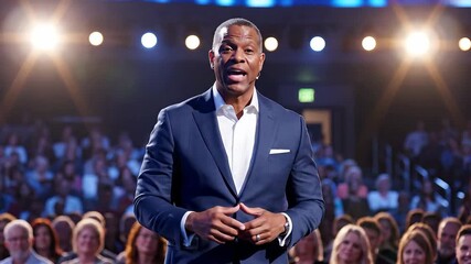 A charismatic African American male speaker in a sharp suit delivers an inspiring and engaging presentation to a large, diverse audience at a brightly lit conference or corporate event, captivating l.