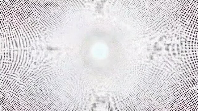 A high-key, bright white circular tunnel with intricate labyrinth or circuit patterns receding into a central light.