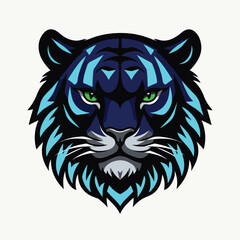 Obraz premium Blue Tiger Face Illustration – Symmetrical Angular Design with Green Eyes and Turquoise Accents