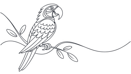 Detailed line art illustration of a colorful parrot perched on a delicate branch with leaves