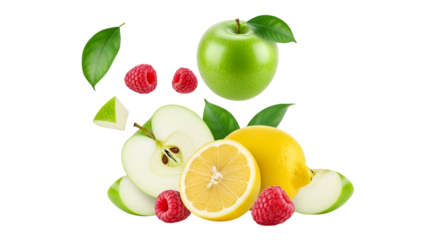Vibrant Mix of Fresh Green Apples, Zesty Lemons, and Sweet Raspberries with Leaves, Isolated on Transparent Background