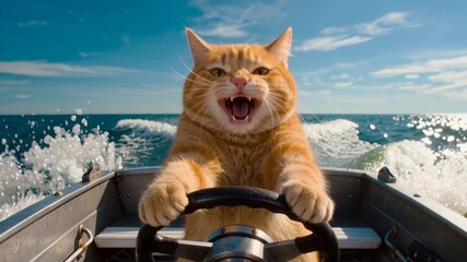 Surprised orange cat holding the steering wheel of a motorboat, sailing fast across the ocean. Waves splash behind. Comical adventure concept with pet in action. Summer, humor, fun.