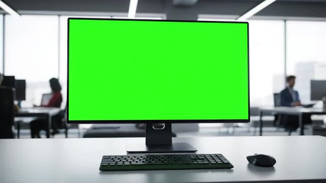 Contemporary Workspace with view from shoulder of mature lady in formal wear working on modern computer blank green screen at office center concept people and technology distortion, overlay, glitch