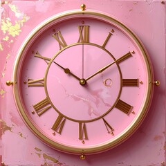 Fototapeta premium Pink clock on a pink square marbled surface with gold accents, showing Roman numerals and hands