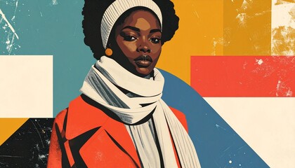 Stylish Black woman with a confident gaze, adorned in a warm scarf and jacket against a vibrant, abstract background.