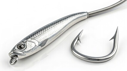 Silver metal fish lure designed like bait next to large hook