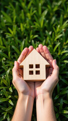 Pair of hands gently cradles wooden house model, symbolizing home and security, surrounded by lush green foliage