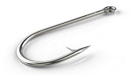 A single silver metallic fishing hook isolated against white background