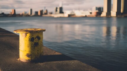 Naklejka premium Abandoned Radioactive Barrel Reflects Urban Skyline A Somber Environmental Caution Image