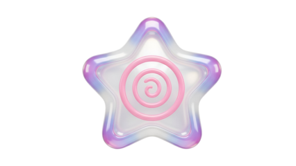 Shiny 3d iridescent star with pink spiral design, pearlescent glow, isolated on transparent background