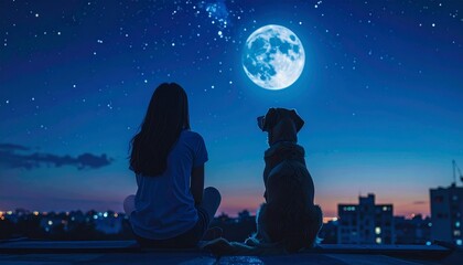 Girl and dog share a peaceful moment gazing at a luminous full moon in a starry night sky.