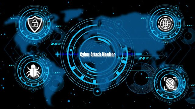 Futuristic Cyber Attack Monitor Dashboard with World Map Blockchain Security UI featuring Global Threat Detection, Data Protection, and Advanced Digital Tech Animation
