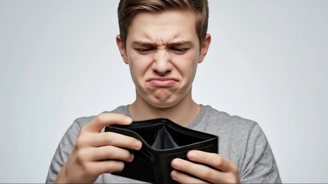 Young man expresses disappointment and frustration holding empty wallet in sequence