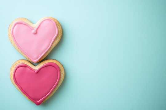 Two heart shaped cookies on pastel background, pink frosted hearts stacked left with empty space right for text, soft natural lighting, bakery flatlay mood for valentines social media, cozy romantic