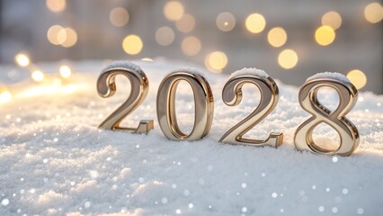 Metallic 2028 numerals resting upon fresh white snow background
