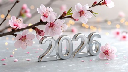 Silver 2026 numbers with blossoming pink cherry branches display