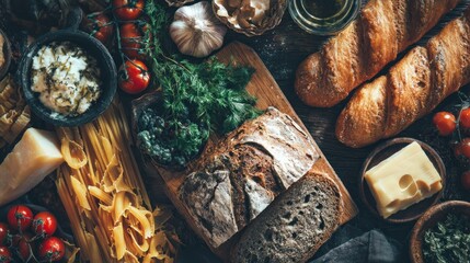 Artisan bread and fresh ingredients for a rustic European breakfast setup