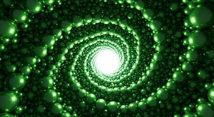 Image of green spheres arranged in a spiral tunnel formation, with a bright light source at its center, suggesting depth and endless possibility
