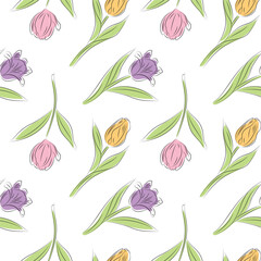 seamless pattern with tulip flowers, pink,purple and yellow tulips on white background, hand drawn vector illustration, design for wrapping paper, textile,wallpaper, easter decoration,cards