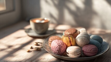 Assorted colorful macarons and a cup of coffee on a rustic wooden table bathed in natural sunlight