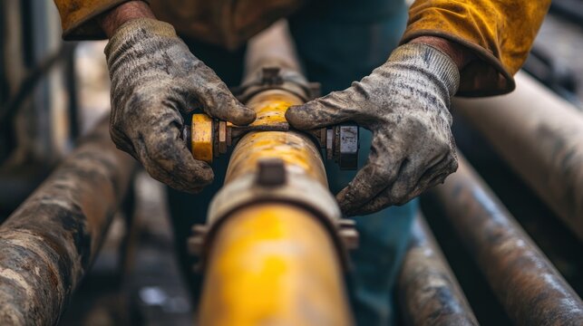 Close-up of worker's hands tightening bolts on yellow pipe.