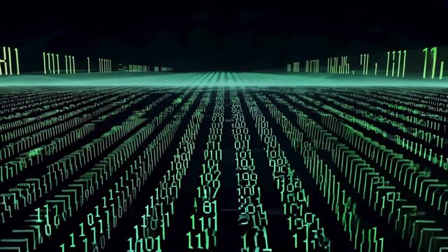 A cinematic fly-through over a landscape of glowing green binary code numbers representing data processing and big data.