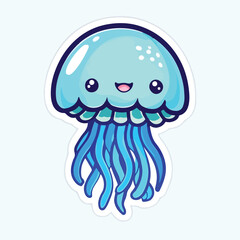 Smiling Jellyfish Cartoon &ndash; Light Blue Dome with Glossy Tentacles in Blue and Purple Shades