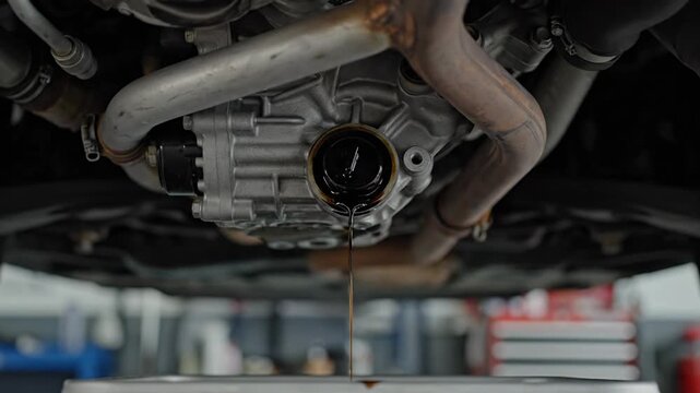 Draining used engine oil to change oil in car service garage