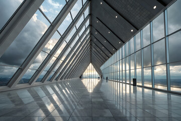 Modern architectural interior with triangular tunnel design, glass walls, and reflective flooring&mdash;highlighting symmetry, light interplay, and spatial elegance.   generative ai