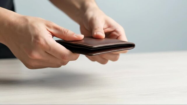 Hands examining and closing empty brown wallet on light wooden table surface