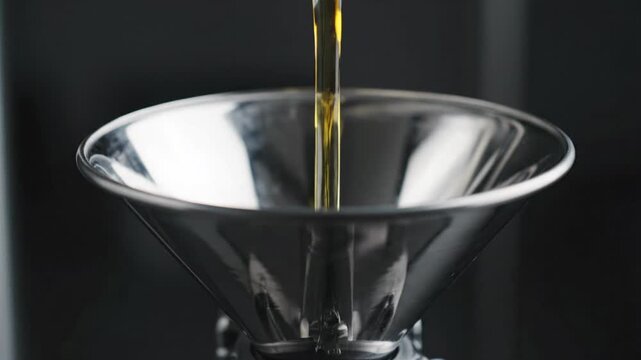 Change oil service pouring fresh engine lubricant into metal funnel