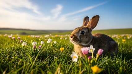 A brown rabbit sitting in a field of flowers on a sunny day