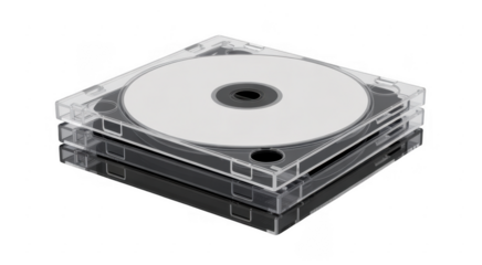 Stack of clear CD cases with white discs on black isolated on a transparent background