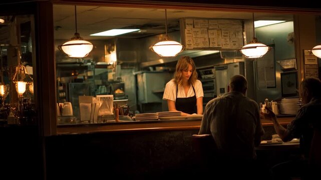 Latenight diner with a friendly server taking orders from tired night workers in cozy softly lit surroundings.