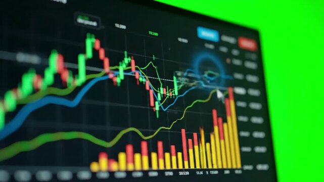 Data Driven Decisions with macro close up unrecognizable female looking at charts on computer screen distortion, green overlay, glitch, static noise, scan lines black background, 4k animated video