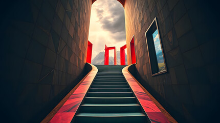 Stairway to modern architectural marvel with red gates and mountain view