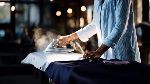 Professional attendant expertly pressing garments using steam iron at standard ironing station.