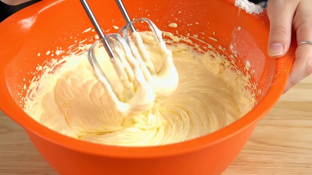 Mixing Cake Batter with an Electric Mixer in Orange Bowl.