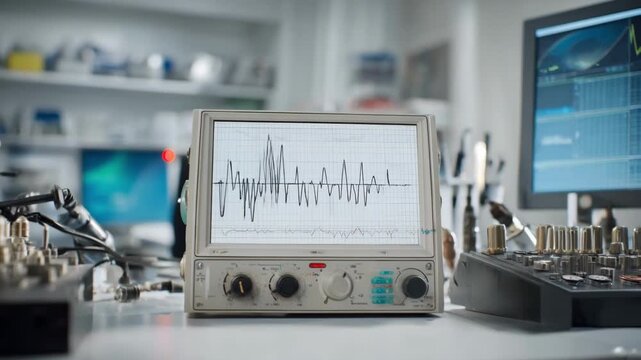 Professional tuning oscilloscope bandwidth controls to enhance waveform accuracy capturing precise electronic signal data in a controlled workspace.