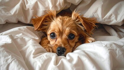 Adorable small dog peeking out from under a cozy white duvet, looking curiously at the camera.