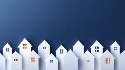 Minimalist paper houses on blue background representing real estate concepts