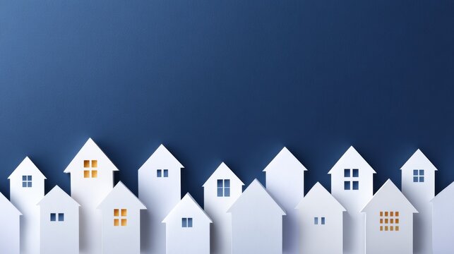 Minimalist paper houses on blue background representing real estate concepts