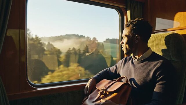 Traveler gazing out the train window with a leather bag resting on lap, sunlit journey
